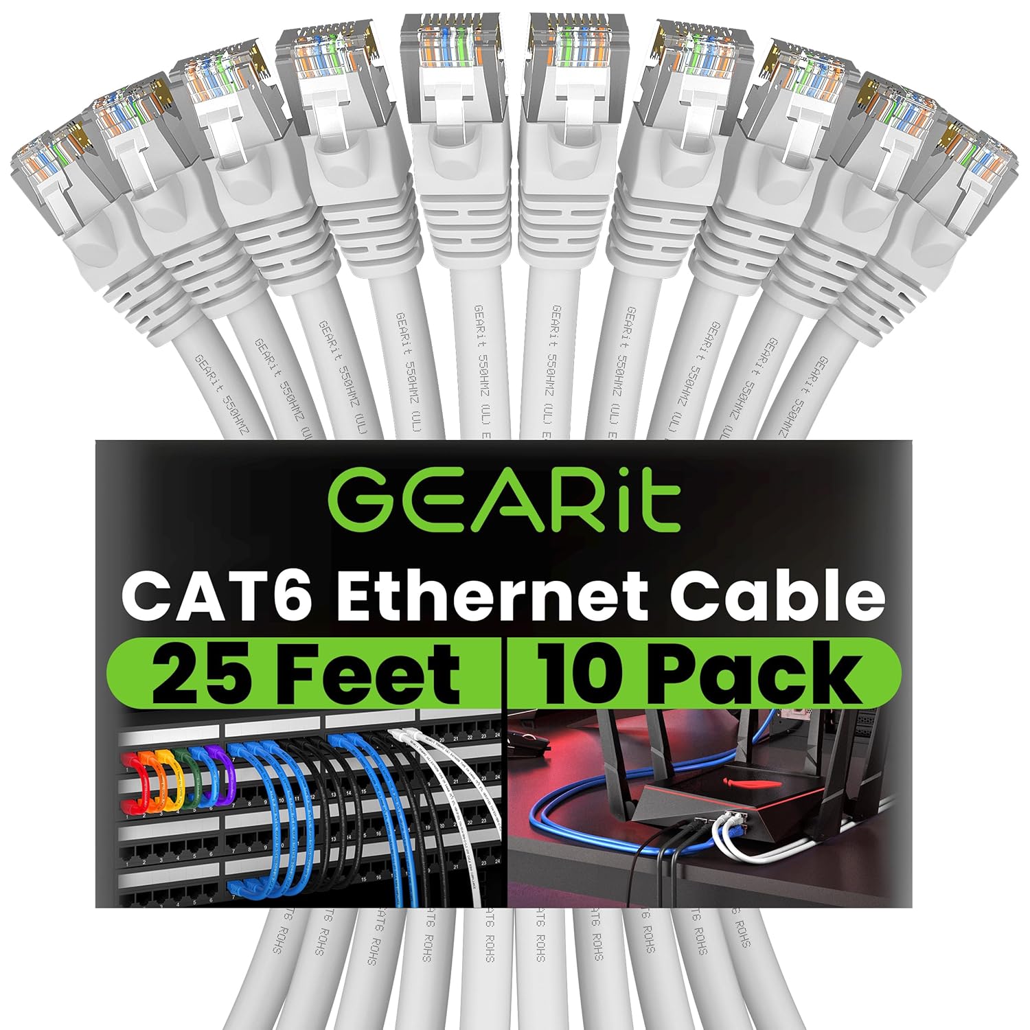 GEARit Cat 6 Ethernet Cable (10-Pack 25 Feet) Cat6 Network Patch, 10Gbps, RJ45, Snagless Cord, Gold-Plated Connectors, Internet for PC, TV, Tablet, Router, Printer, Servers, IT Data Center - White
