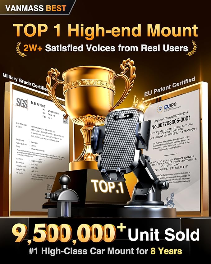 VANMASS Car Phone Holder 2025 Military-Grade Phone Holder for Your Car Windshield Dashboard【 65 Lbs Strongest Suction】【Patent & Safety Certs】 Universal Cell Phone Car Mount for iPhone Samsung Android