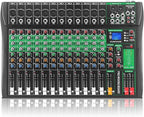 12 Channel Audio Mixer, Professional DJ Mixer Board Sound Music Mixing Console Digital Mixer with Reverb, Bluetooth, USB Port, 48V Phantom Power for Recording Karaoke Podcasting