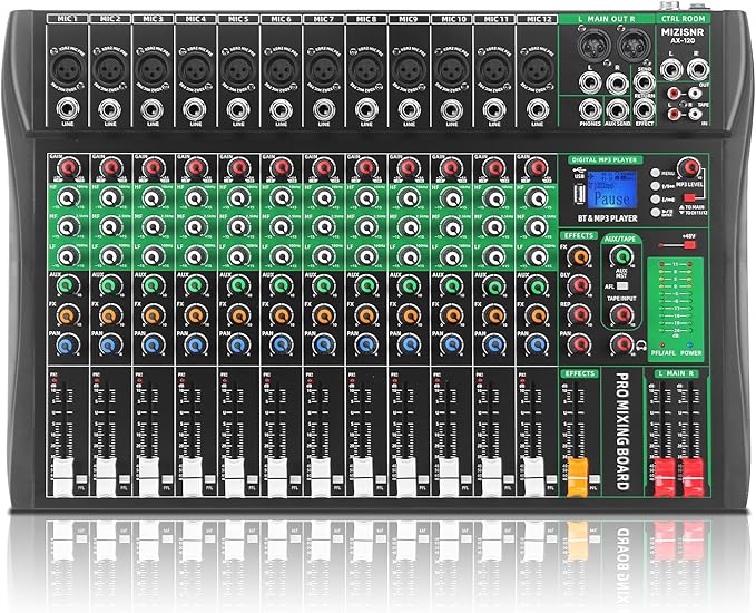 12 Channel Audio Mixer, Professional DJ Mixer Board Sound Music Mixing Console Digital Mixer with Reverb, Bluetooth, USB Port, 48V Phantom Power for Recording Karaoke Podcasting