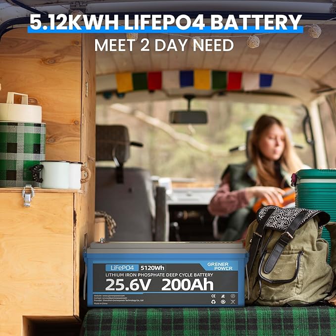 25.6V 200Ah LiFePO4 Battery with 100A BMS, Max. 5120Wh Energy, 4000-15000 Deep Cycles Lithium Battery, 10-Year Lifespan, Perfect for RV, Trolling Motor, Solar Off-Grid Storage, Home System