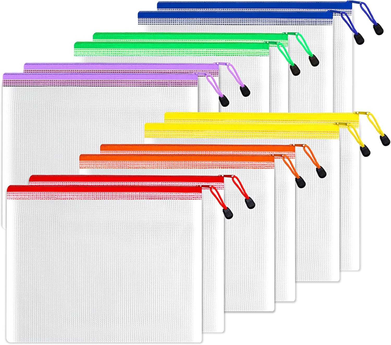 SUNEE Plastic Mesh Zipper Pouch 10x14 in (6 Colors, 12 Packs),Extra Large Water-Resistant Zip Bag for School Office Supplies, Puzzles & Games Organizing Storage