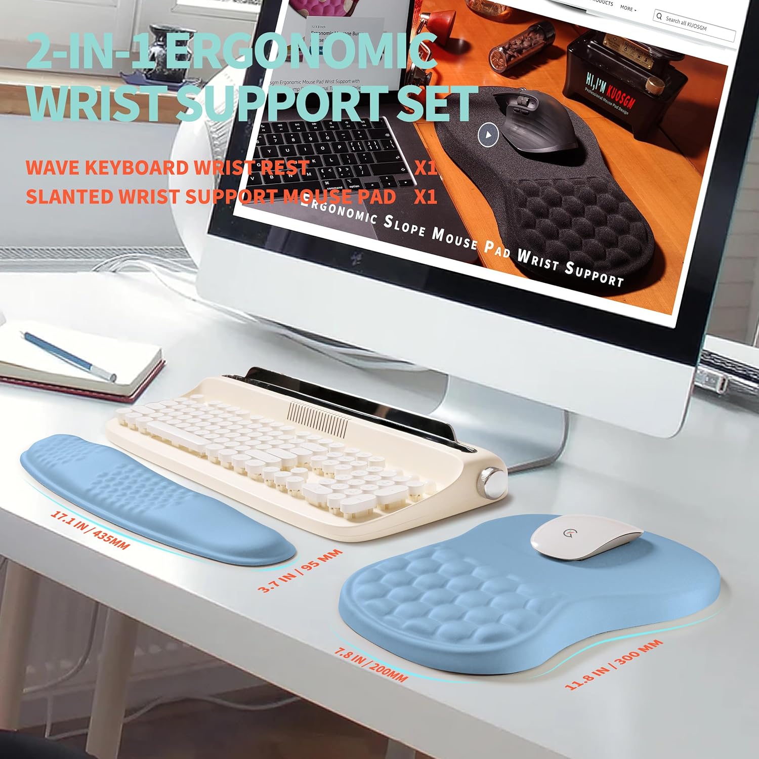 2-in-1 Ergonomic Set, Wave Rise Keyboard Wrist Rest and Massage Bulge Slope Mouse Pad Wrist Support, Cushion Memory Foam Integrated to Relieve Wrist Pain, Lake Blue