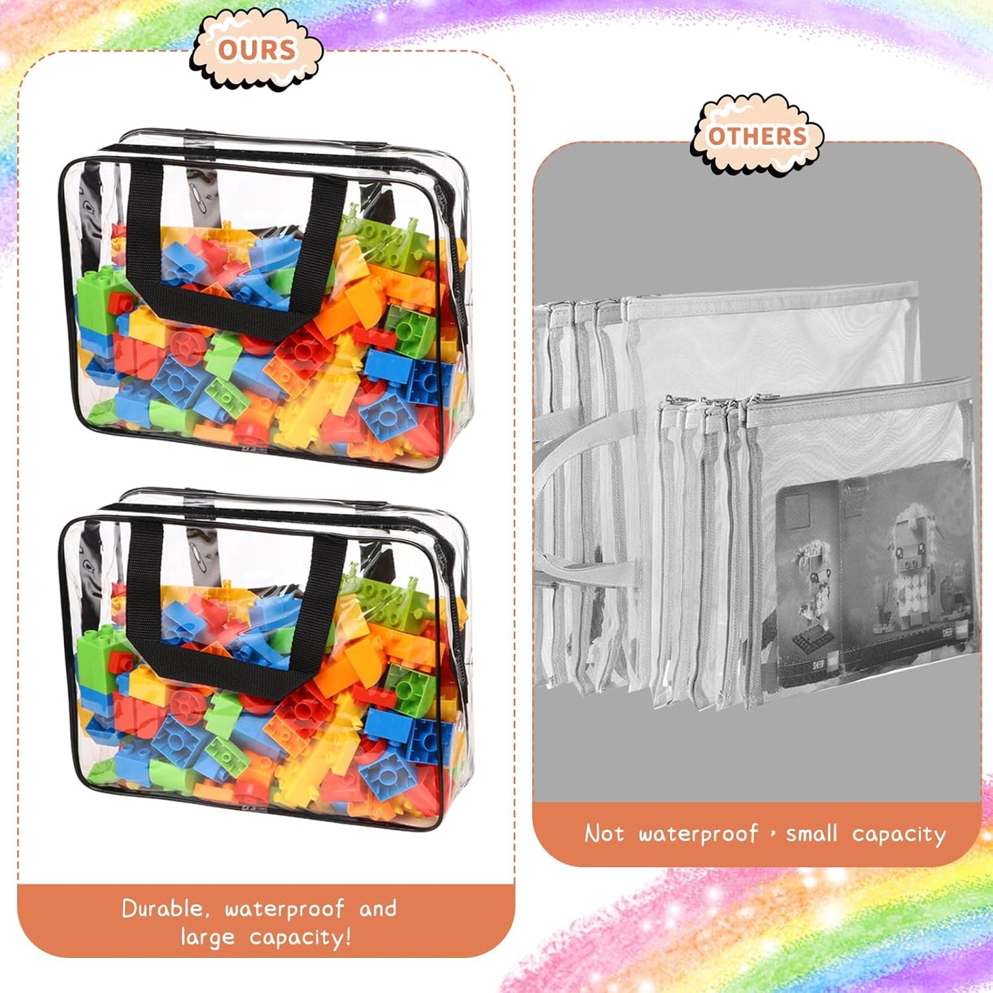 18 Packs Large Toy Storage Bags with Labels, Waterproof Clear Pvc Storage Bags for Toys, Travel Organizer Bags with Zipper Closure for Puzzles, Building Blocks, Kids' Books