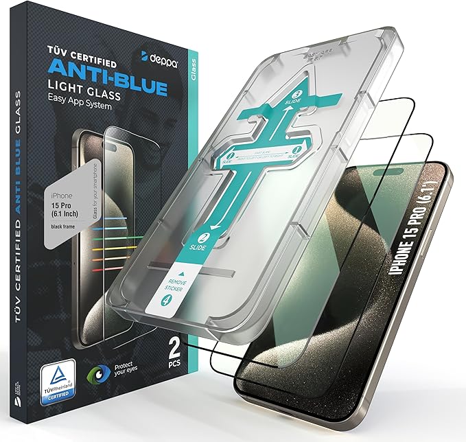 Deppa |2 Pack| Anti-Blue Light Screen Protector for iPhone 15 Pro (6.1') | Scratch Resistant Tempered Glass | 3D Edge to Edge Coverage | Easy Installation Kit | Eye Safeguard TÜV Certified