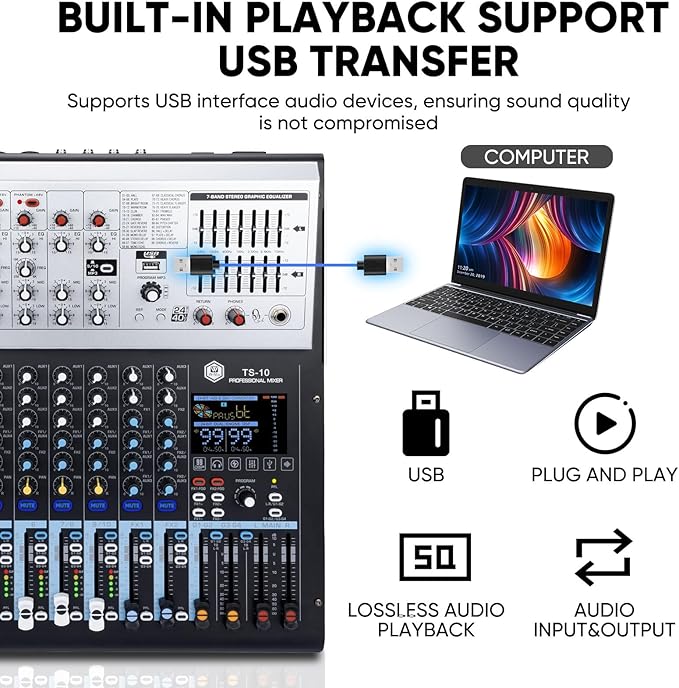 W IN-MIX Professional DJ Audio Mixer,10 Channel with 99DSP Digital Effects, MP3 Player, 48V Phantom Power with Independent Mute Switches Audio Console For Studio & Stage
