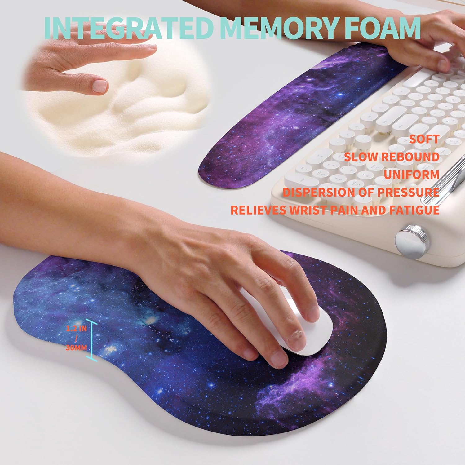 2-in-1 Ergonomic Set, Wave Rise Keyboard Wrist Rest and Massage Bulge Slope Mouse Pad Wrist Support, Cushion Memory Foam Integrated to Relieve Wrist Pain, Galaxy