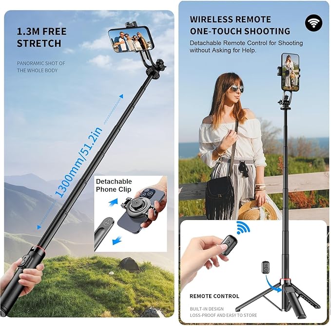Magnetic Selfie Stick Tripod for iPhone, 51" Phone Tripod Compatible with Magsafe, Travel Selfie Stick for iPhone 16 15 14 12 Series Android Phone Stand Camera Holder for Video Recording