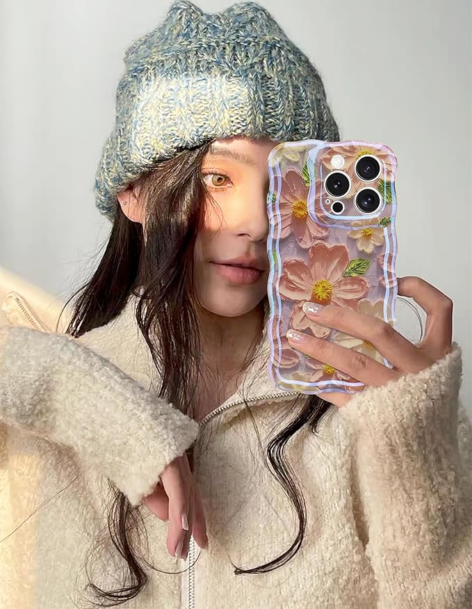 Jusy Compatible with iPhone 15 Pro Max, Colorful Retro Oil Painting Printed Flower Laser Glossy Pattern Cute Curly Wave Phone Case Soft TPU Cover for Girly Women - Light Purple