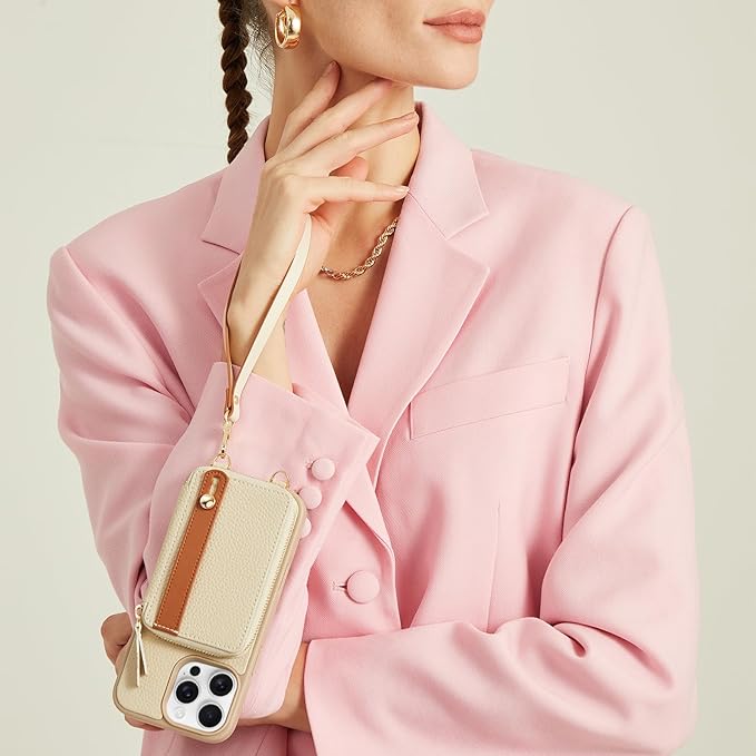 LAMEEKU for iPhone 15 Pro Max Wallet Case with Credit Card Holder, Zipper Leather Crossbody Case with Phone Grip Holder Stand for Women for iPhone 15 Pro Max 6.7 inch Beige