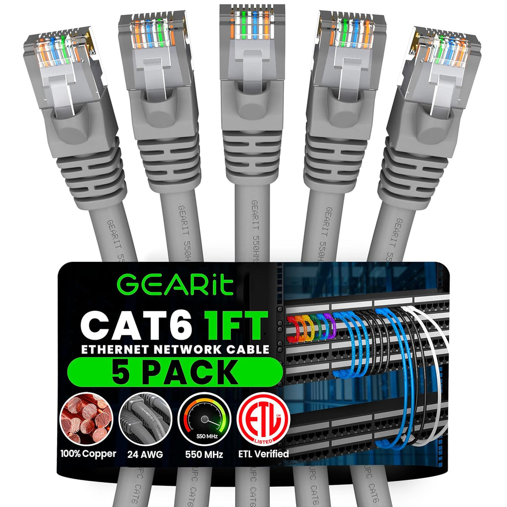 GEARit Cat 6 Ethernet Cable (5-Pack 1 Foot) Cat6 Network Patch, 10Gbps, RJ45, Snagless Cord, Gold-Plated Connectors, Internet for PC, TV, Tablet, Router, Printer, Servers, IT Data Center - Gray