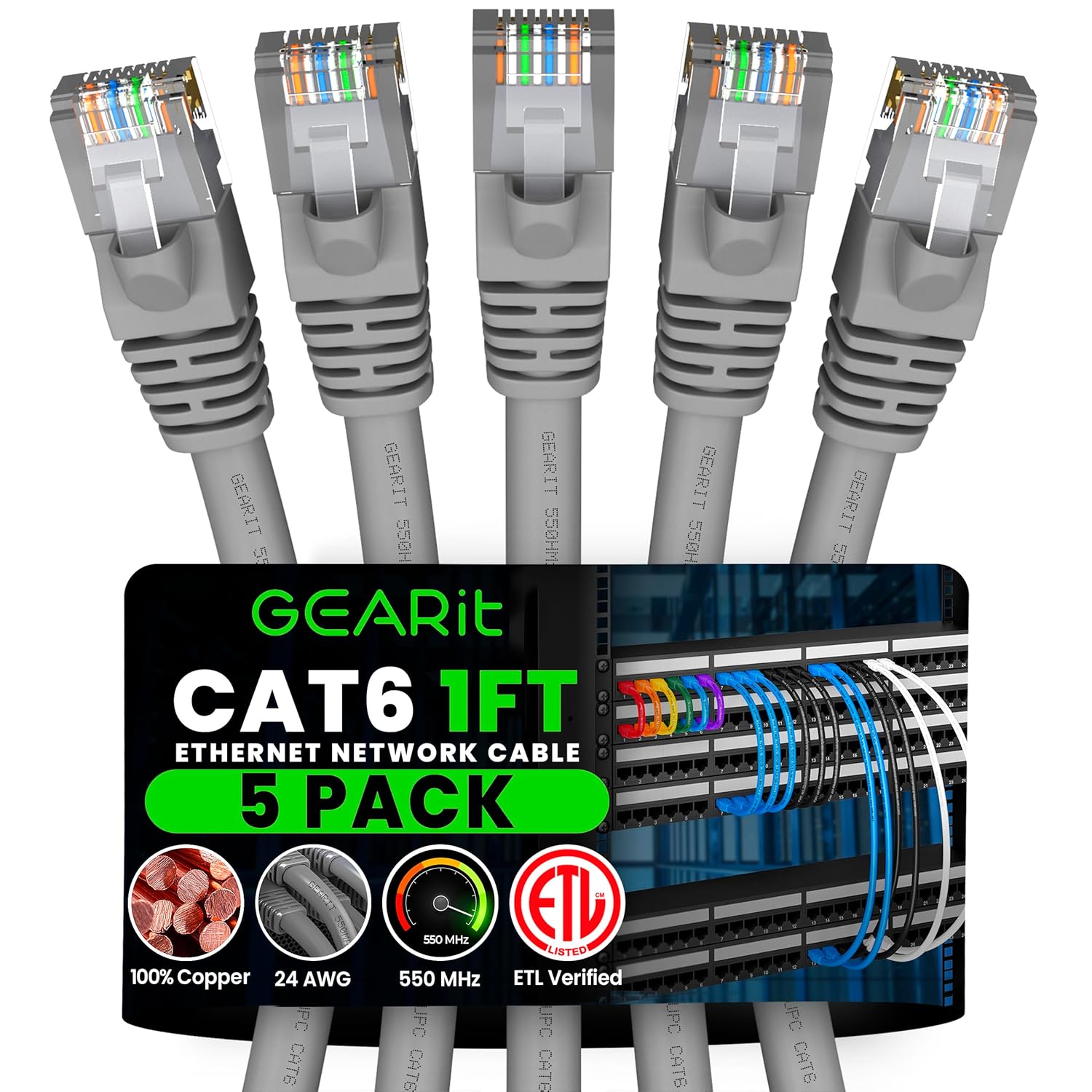GEARit Cat 6 Ethernet Cable (5-Pack 1 Foot) Cat6 Network Patch, 10Gbps, RJ45, Snagless Cord, Gold-Plated Connectors, Internet for PC, TV, Tablet, Router, Printer, Servers, IT Data Center - Gray