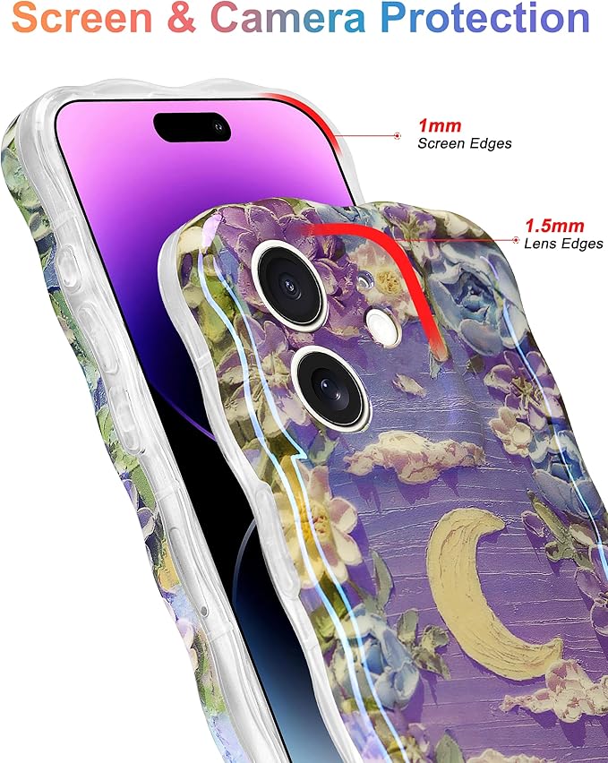 Jusy Compatible with iPhone 12, Colorful Retro Oil Painting Printed Flower Laser Glossy Pattern Cute Curly Wave Phone Case Soft TPU Cover for Girly Women - Purple Moon