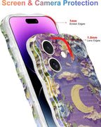 Jusy Compatible with iPhone 12, Colorful Retro Oil Painting Printed Flower Laser Glossy Pattern Cute Curly Wave Phone Case Soft TPU Cover for Girly Women - Purple Moon