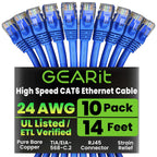 GearIT Cat 6 Ethernet Cable Pack - 10-Pack 14 ft Cat6 Ethernet Patch Cables | RJ45 Network Patch Cable, 10 Gbps Snagless Gold-Plated Connectors - Ethernet Cable Cat 6 for PC, TV, Router - Blue