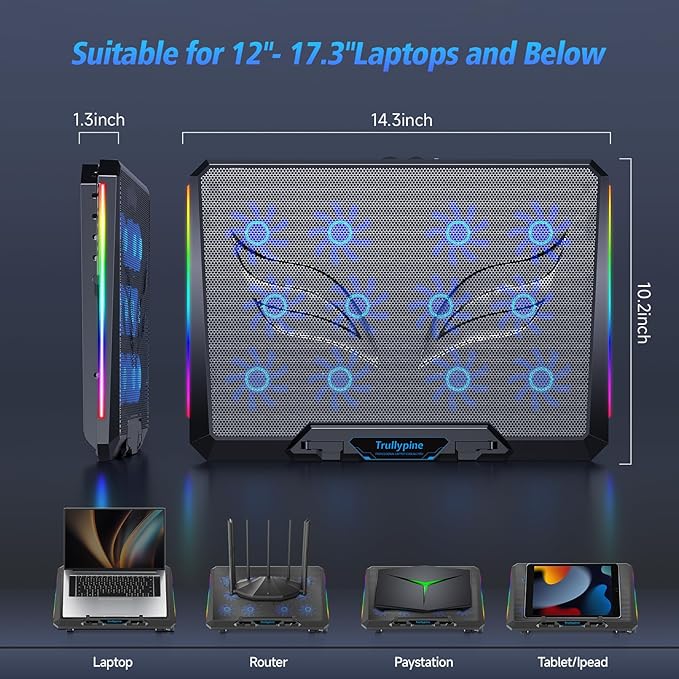 Laptop Cooling Pad with 12 Quiet Fans, Slim Portable for 12-17.3 Inch Laptop Cooler Stand with 5 Height Adjustable, Ergonomic Gaming Cooling Fan Pad with Two USB Ports & Phone Holder (Gear)