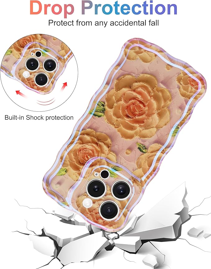 Jusy Compatible with iPhone 12 Pro Max, Colorful Retro Oil Painting Printed Flower Laser Glossy Pattern Cute Curly Wave Phone Case Soft TPU Cover for Girly Women - Pink Rose