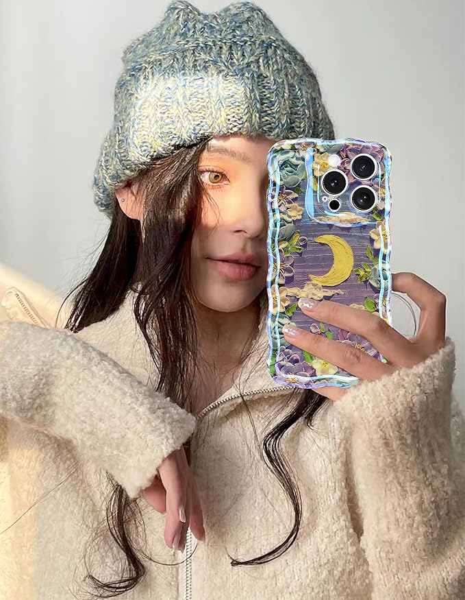 Jusy Compatible with iPhone 14 Pro Max, Colorful Retro Oil Painting Printed Flower Laser Glossy Pattern Cute Curly Wave Phone Case Soft TPU Cover for Girly Women - Purple Moon