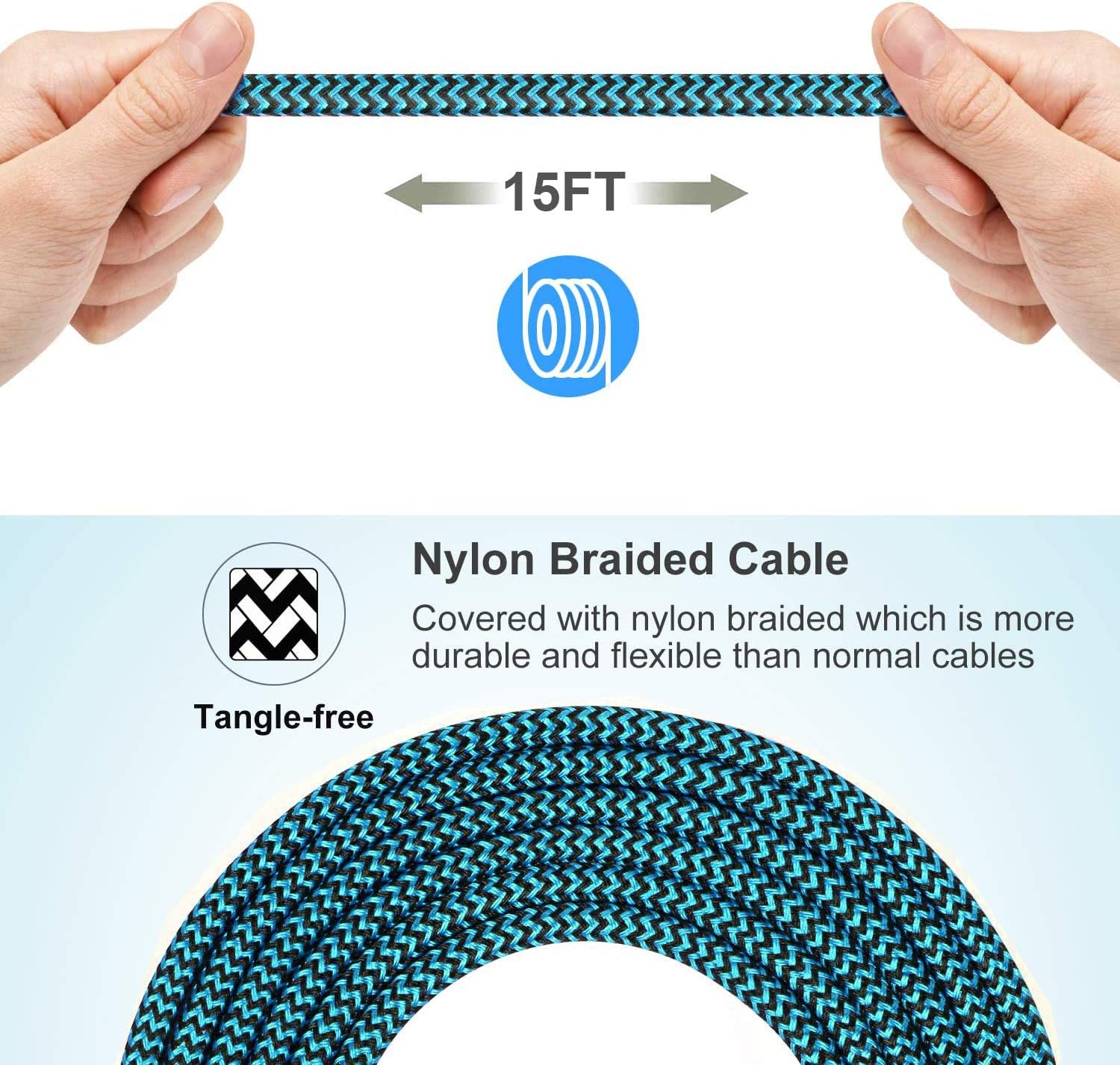 RoFI Micro USB Cable 15ft with 3A Fast Charging Extra Long and Extremely Durable Nylon Braided Charger Cord for Galaxy S7/S6/J8/J7 Note 5,Kindle,LG,PS4,Camera,Xbox One and More (Blue)