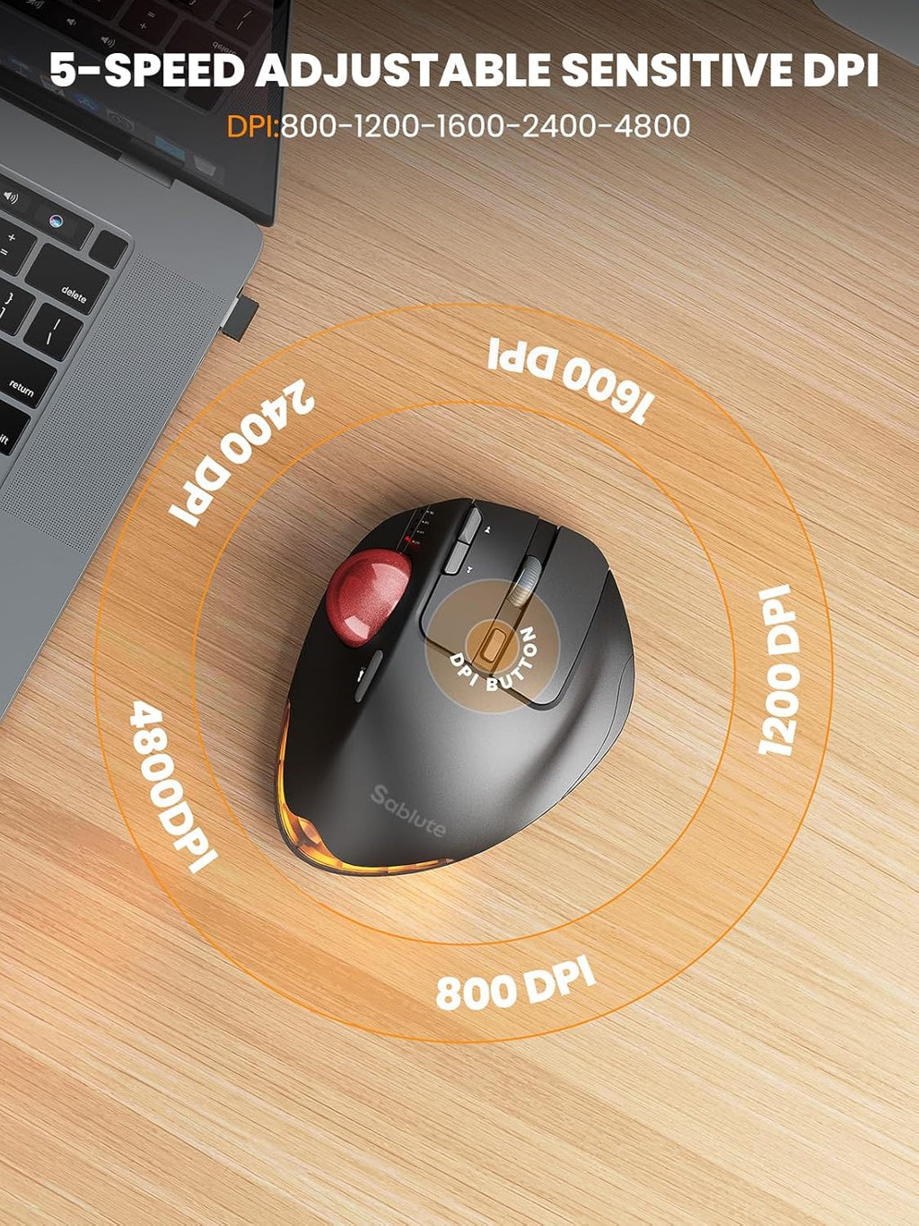 Wireless Trackball Mouse, Ergonomic Bluetooth Rechargeable Computer Mouse, Backlit Rollerball Thumb Laptop mice with 5 Level DPI, Adjustable Angle, 3 Devices Connection for PC, Windows - Red Ball