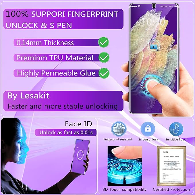 [2+2 Pack] Lesakit Anti-Blue Light Privacy Screen Protector for Samsung Galaxy S21 Ultra 6.8 inch with 2 Pack Camera Lens Protector, [Support Fingerprint ID] Anti Spy TPU Flexible Screen Protector- Purple