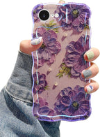 Jusy Compatible with iPhone 16e, Colorful Retro Oil Painting Printed Flower Laser Glossy Pattern Cute Curly Wave Phone Case Soft TPU Cover for Girly Women - Purple