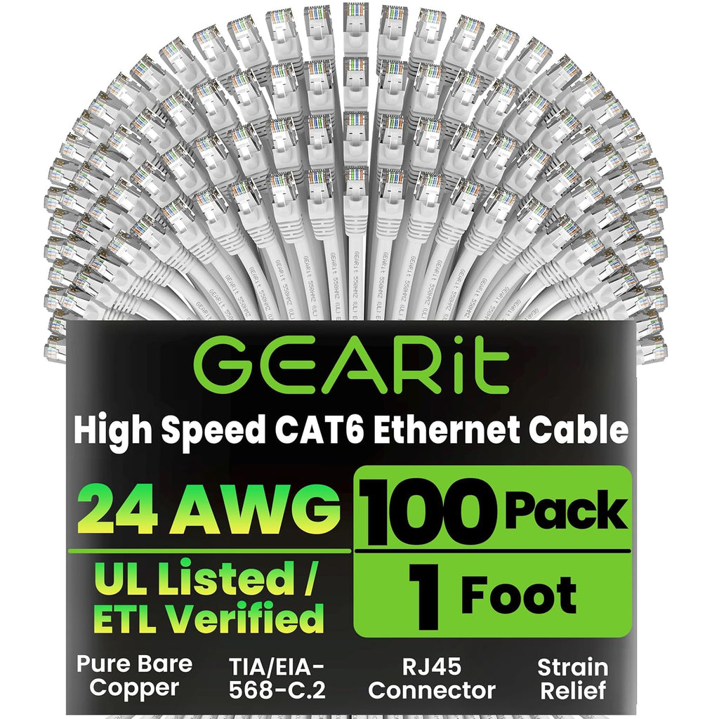 GEARit Cat 6 Ethernet Cable (100-Pack 1 Foot) Cat6 Network Patch, 10Gbps, RJ45, Snagless Cord, Gold-Plated Connectors, Internet for PC, TV, Tablet, Router, Printer, Servers, IT Data Center - White