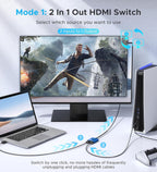 4K@60Hz HDMI Splitter Switch 2 in 1 Out, WARRKY [3.3ft Fixed Braided HDMI Cable, Aluminum Case, HDCP 2.2] Bidirectional 2x1 Switcher UHD Compatible for PS5/4, Nintendo Switch, Roku, FireStick – Blue