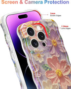 Jusy Compatible with iPhone 12 Pro Max, Colorful Retro Oil Painting Printed Flower Laser Glossy Pattern Cute Curly Wave Phone Case Soft TPU Cover for Girly Women - Light Purple