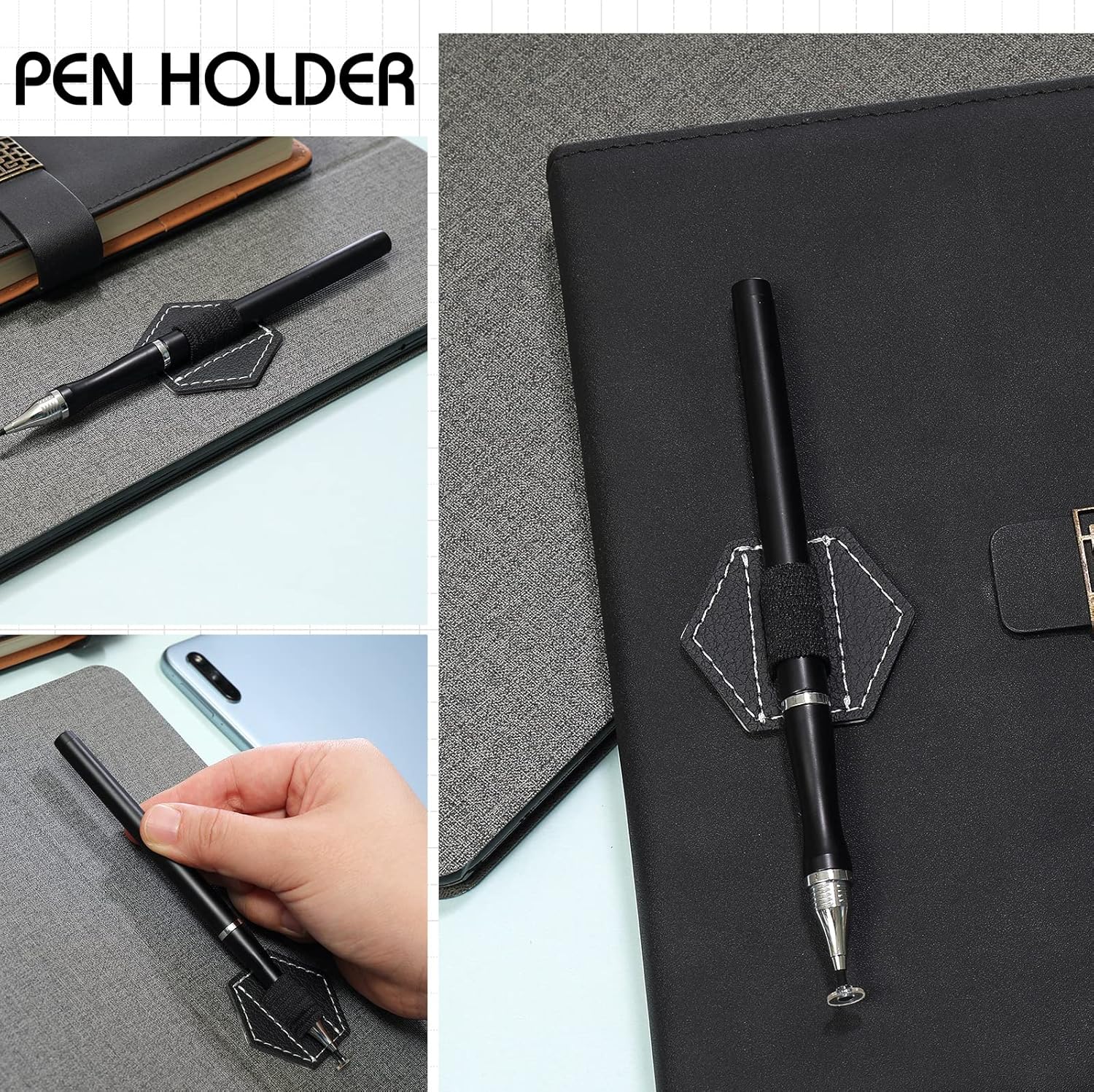Pajean 10 Pieces Notebook Pen Loop Holder Self Adhesive Leather Pen Holder for Notebook, Hexagon Elastic Loop Designed for Notebooks,journals,calendars,planners,tablet Case Office