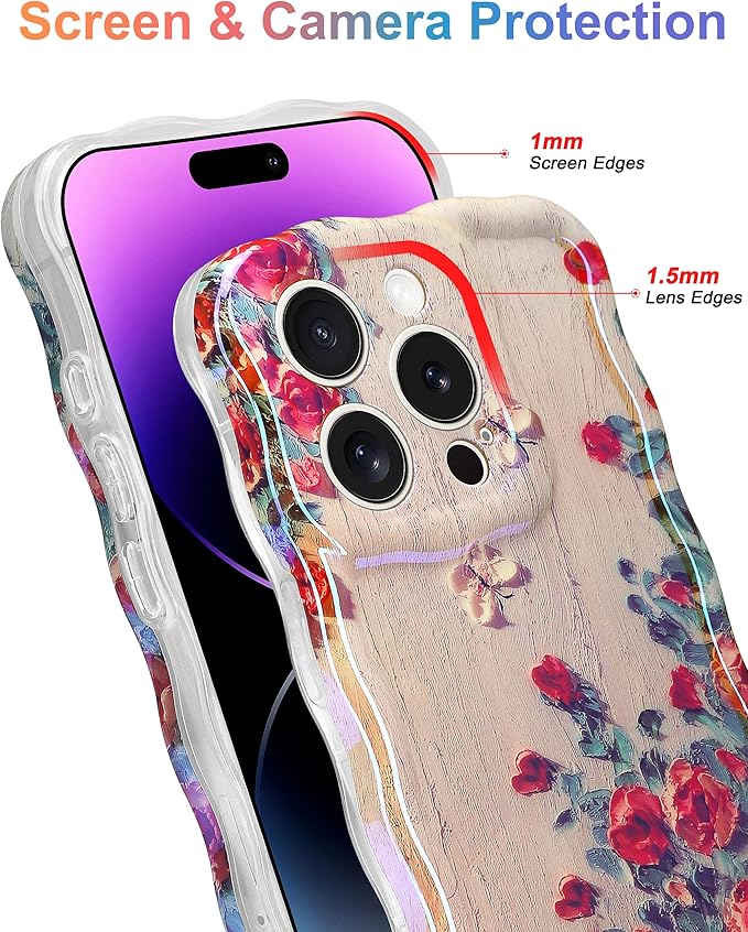 Jusy Compatible with iPhone 16 Pro, Colorful Retro Oil Painting Printed Flower Laser Glossy Pattern Cute Curly Wave Phone Case Soft TPU Cover for Girly Women -Beige
