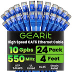 GearIT Cat 6 Ethernet Cable Pack - 24-Pack 4 ft Cat6 Ethernet Patch Cables | RJ45 Network Patch Cable, 10 Gbps Snagless Gold-Plated Connectors - Ethernet Cable Cat 6 for PC, TV, Router - Blue
