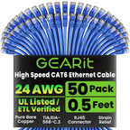 GEARit Cat 6 Ethernet Cable Pack - 50-Pack 0.5 ft Cat6 Ethernet Patch Cables | RJ45 Network Patch Cable, 10 Gbps Snagless Gold-Plated Connectors - Ethernet Cable Cat 6 for PC, TV, Router - Blue