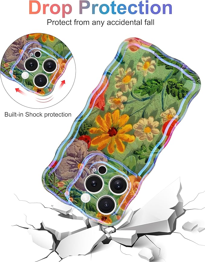 Jusy Compatible with iPhone 12 Pro, Colorful Retro Oil Painting Printed Flower Laser Glossy Pattern Cute Curly Wave Phone Case Soft TPU Cover for Girly Women - Green Yellow
