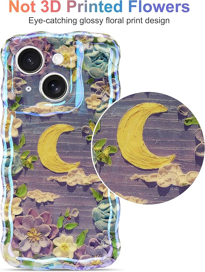Jusy Compatible with iPhone 14 Plus/15 Plus, Colorful Retro Oil Painting Printed Flower Laser Glossy Pattern Cute Curly Wave Phone Case Soft TPU Cover for Girly Women - Purple Moon