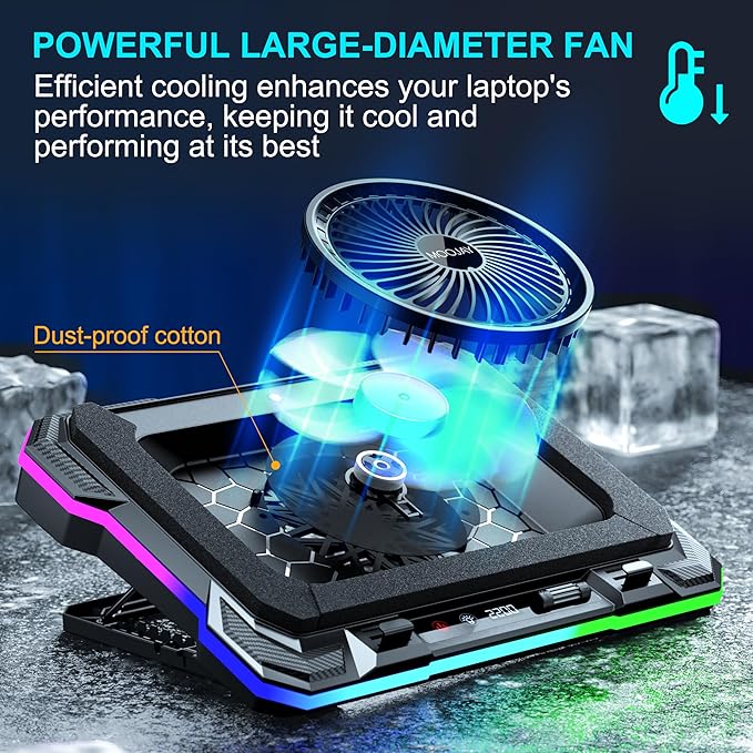 Laptop Cooling Pad Powerful Turbo Fan RGB Gaming Notebook Cooler, Moojay Laptop Fan Cooling Stand with 8 Adjustable Heights and Phone Holder, for 14-19 Inch Laptops - Ice Blue LED Light