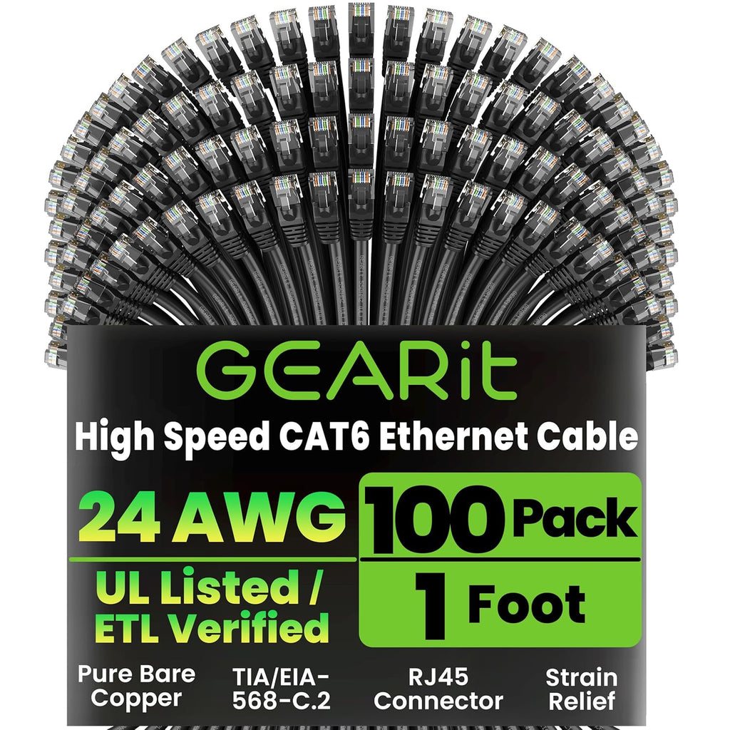 GearIT Cat 6 Ethernet Cable Pack - 100-Pack 1 ft Cat6 Ethernet Patch Cables | RJ45 Network Patch Cable, 10 Gbps Snagless Gold-Plated Connectors - Ethernet Cable Cat 6 for PC, TV, Router - Black