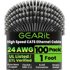 GearIT Cat 6 Ethernet Cable Pack - 100-Pack 1 ft Cat6 Ethernet Patch Cables | RJ45 Network Patch Cable, 10 Gbps Snagless Gold-Plated Connectors - Ethernet Cable Cat 6 for PC, TV, Router - Black