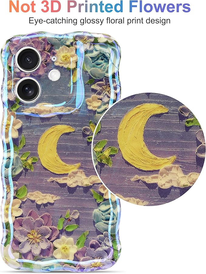 Jusy Compatible with iPhone 12, Colorful Retro Oil Painting Printed Flower Laser Glossy Pattern Cute Curly Wave Phone Case Soft TPU Cover for Girly Women - Purple Moon