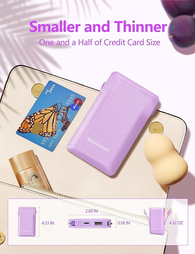 10000mAh Portable Phone Charger with Built-in 2 Cables, Small Slim Mini Power Bank Fast Charging, USB-C In/Output External Battery Pack, Travel Essentials Compatible with Android/IOS Phones