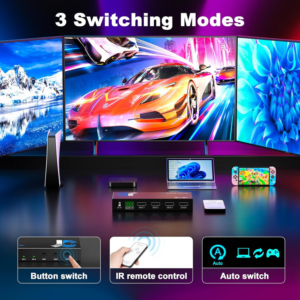HDMI Switch 3 in 1 Out 4K@60Hz, 3 Ports HDMI Switcher Selector with Remote, Support HDCP 2.2 HD R 10+ Dolby Vision/Atmos 18Gbps CEC for Apple TV Game PC PS4 5 Pro Xbox Roku