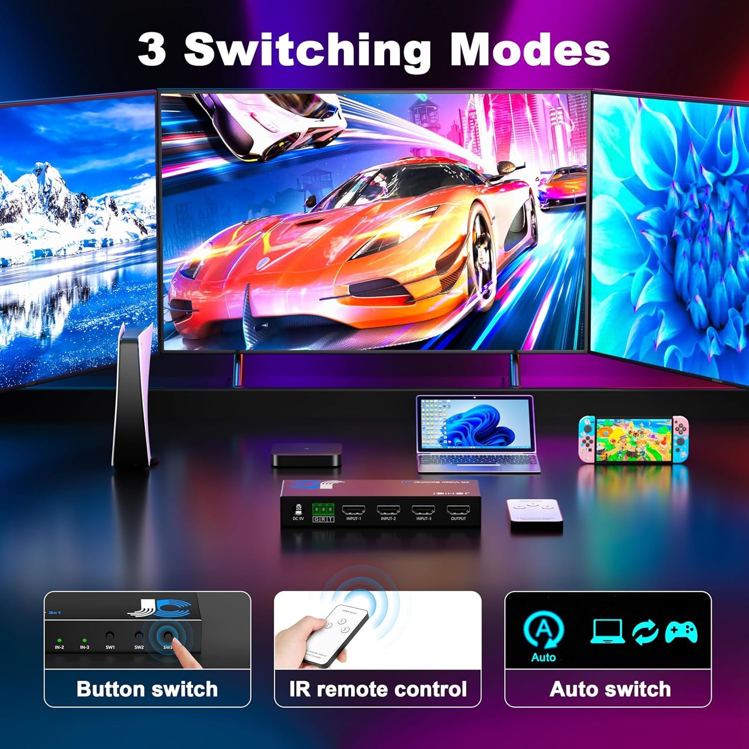 HDMI Switch 3 in 1 Out 4K@60Hz, 3 Ports HDMI Switcher Selector with Remote, Support HDCP 2.2 HD R 10+ Dolby Vision/Atmos 18Gbps CEC for Apple TV Game PC PS4 5 Pro Xbox Roku