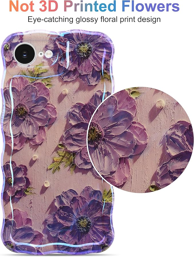 Jusy Compatible with iPhone 16e, Colorful Retro Oil Painting Printed Flower Laser Glossy Pattern Cute Curly Wave Phone Case Soft TPU Cover for Girly Women - Purple
