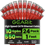 GearIT Cat 6 Ethernet Cable (24-Pack 1 Foot) Cat6 Network Patch, 10Gbps, RJ45, Snagless Cord, Gold-Plated Connectors, Internet for PC, TV, Tablet, Router, Printer, Servers, IT Data Center - Red