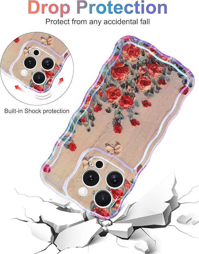Jusy Compatible with iPhone 15 Pro, Colorful Retro Oil Painting Printed Flower Laser Glossy Pattern Cute Curly Wave Phone Case Soft TPU Cover for Girly Women -Beige