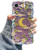 Jusy Compatible with iPhone 16e, Colorful Retro Oil Painting Printed Flower Laser Glossy Pattern Cute Curly Wave Phone Case Soft TPU Cover for Girly Women - Purple Moon
