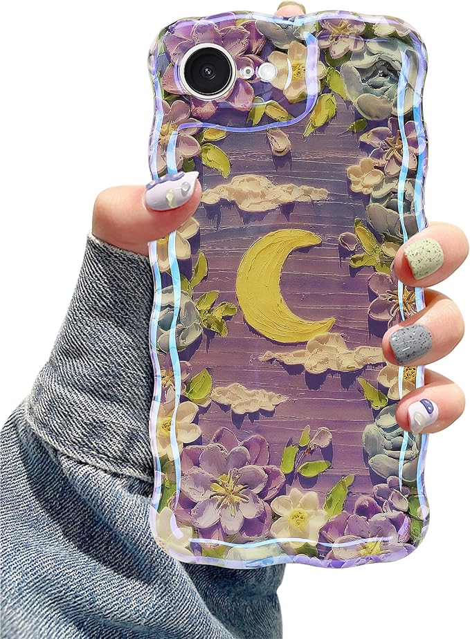 Jusy Compatible with iPhone 16e, Colorful Retro Oil Painting Printed Flower Laser Glossy Pattern Cute Curly Wave Phone Case Soft TPU Cover for Girly Women - Purple Moon