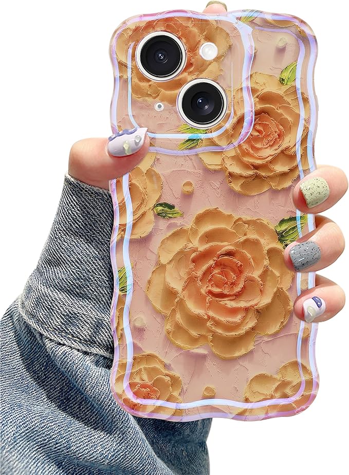 Jusy Compatible with iPhone 13, Colorful Retro Oil Painting Printed Flower Laser Glossy Pattern Cute Curly Wave Phone Case Soft TPU Cover for Girly Women - Pink Rose