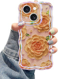 Jusy Compatible with iPhone 13, Colorful Retro Oil Painting Printed Flower Laser Glossy Pattern Cute Curly Wave Phone Case Soft TPU Cover for Girly Women - Pink Rose