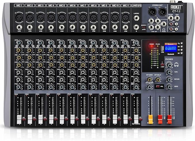 Pro DJ Mixer 12-Channel Audio Console - Bluetooth/USB Streaming, 48V Phantom Power, 3-Band EQ for Live Stage, Recording Studio & Karaoke Systems (CT-12)